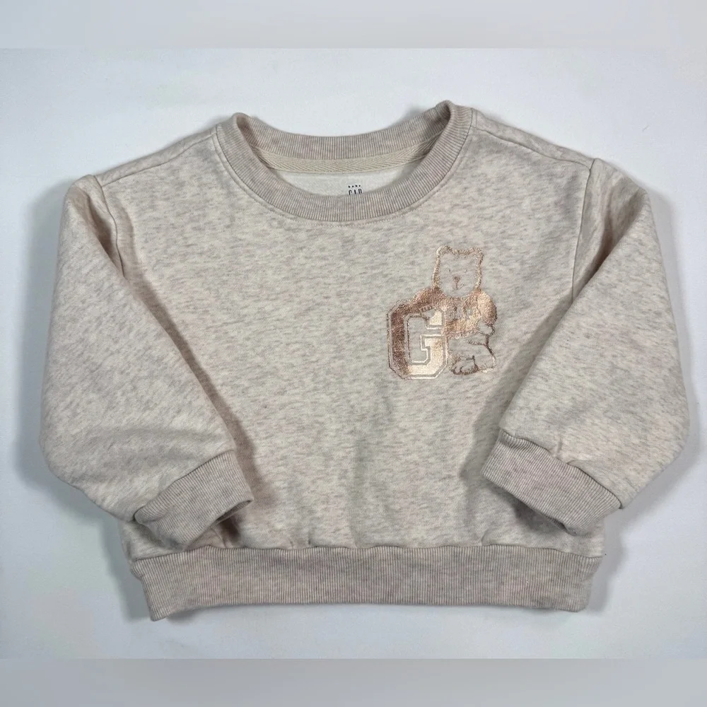BABYGAP Toddler Metallic Bear‎ Novelty Logo Oatmeal Heather Beige Sweatshirt 3
